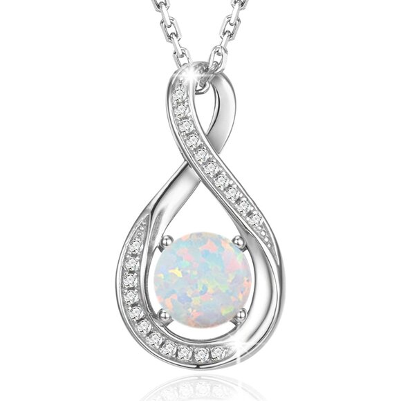 Sterling Silver Created Opal Birthstone Necklace for Women with Adjustable Chain